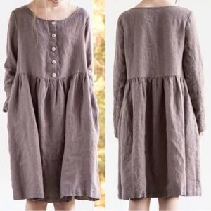 Not Perfect Linen Mama Dress Midi Long Sleeve Caffe Mocha Dusty Purple Grey M/L